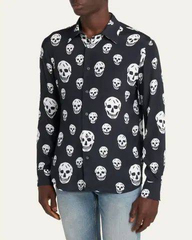 McQueen Men's Viscose Skull Print Button-Down Shirt | Thumbnail 4 McQueen Men's Viscose Skull Print Button-Down Shirt | Thumbnail 4