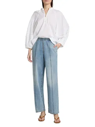 Fabiana Filippi Women's Balloon-Sleeve Cotton Muslin Half-Zip Shirt - Bianco Ottico | Thumbnail 2 Fabiana Filippi Women's Balloon-Sleeve Cotton Muslin Half-Zip Shirt - Bianco Ottico | Thumbnail 2