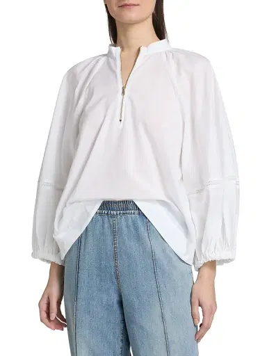 Fabiana Filippi Women's Balloon-Sleeve Cotton Muslin Half-Zip Shirt - Bianco Ottico | Thumbnail 3 Fabiana Filippi Women's Balloon-Sleeve Cotton Muslin Half-Zip Shirt - Bianco Ottico | Thumbnail 3