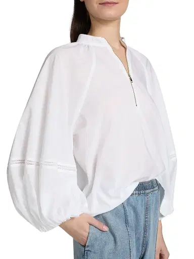 Fabiana Filippi Women's Balloon-Sleeve Cotton Muslin Half-Zip Shirt - Bianco Ottico | Thumbnail 6 Fabiana Filippi Women's Balloon-Sleeve Cotton Muslin Half-Zip Shirt - Bianco Ottico | Thumbnail 6
