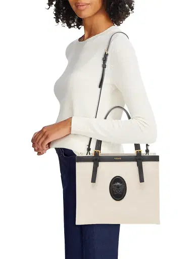Versace Women's Rivière Canvas Tote - Beige Black Gold | Thumbnail 2 Versace Women's Rivière Canvas Tote - Beige Black Gold | Thumbnail 2