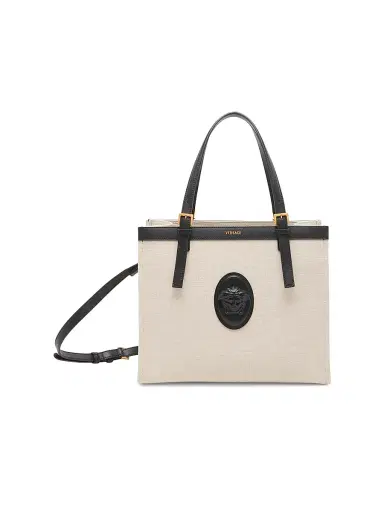Versace Women's Rivière Canvas Tote - Beige Black Gold | Thumbnail 1 Versace Women's Rivière Canvas Tote - Beige Black Gold | Thumbnail 1