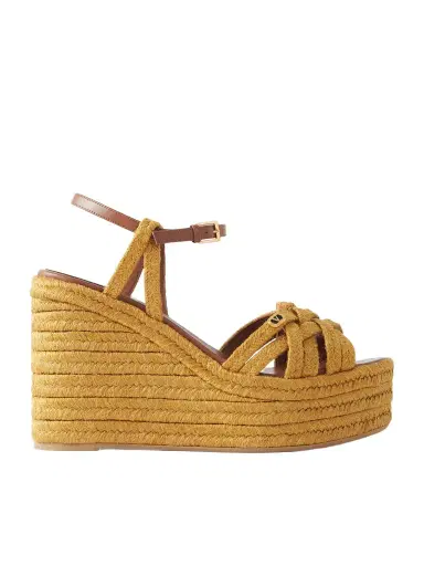 Valentino Garavani 120 Leather-trimmed Raffia Wedge Sandals | Thumbnail 1 Valentino Garavani 120 Leather-trimmed Raffia Wedge Sandals | Thumbnail 1