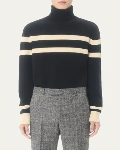 Valentino Garavani Men's Wool High-Neck Stripe Turtleneck Sweater with Vlogo Embroidery | Thumbnail 4 Valentino Garavani Men's Wool High-Neck Stripe Turtleneck Sweater with Vlogo Embroidery | Thumbnail 4