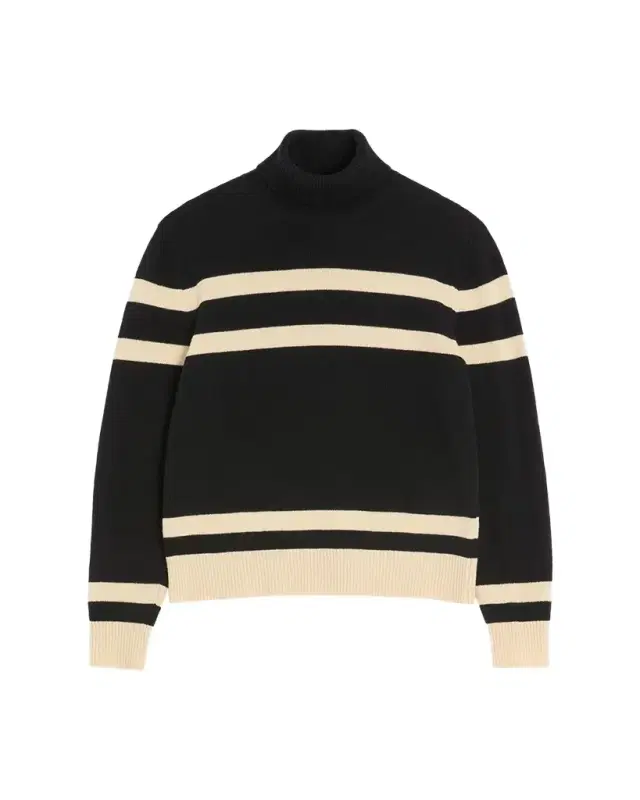 Men's Wool High-Neck Stripe Turtleneck Sweater with Vlogo Embroidery Men's Wool High-Neck Stripe Turtleneck Sweater with Vlogo Embroidery