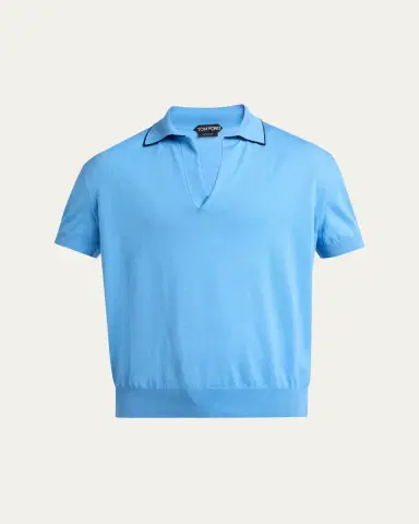 TOM FORD Men's Cotton and Silk Knit Tipped Johnny Collar Polo Shirt | Thumbnail 6 TOM FORD Men's Cotton and Silk Knit Tipped Johnny Collar Polo Shirt | Thumbnail 6
