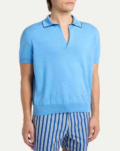 TOM FORD Men's Cotton and Silk Knit Tipped Johnny Collar Polo Shirt | Thumbnail 9 TOM FORD Men's Cotton and Silk Knit Tipped Johnny Collar Polo Shirt | Thumbnail 9