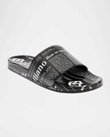 John Galliano Paris Men 's Gazette-Print Leather Pool Slides | Thumbnail 2 John Galliano Paris Men 's Gazette-Print Leather Pool Slides | Thumbnail 2