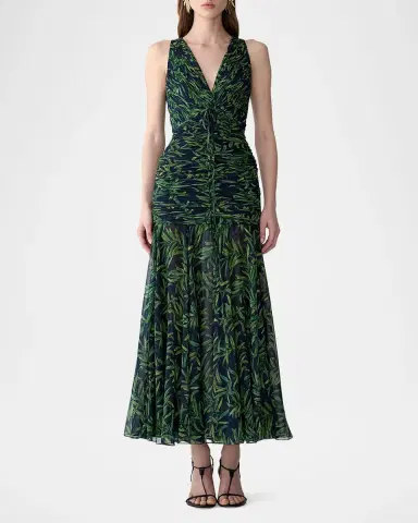 Carolina Herrera Olive-Print Ruched V-Neck Maxi Dress | Thumbnail 2 Carolina Herrera Olive-Print Ruched V-Neck Maxi Dress | Thumbnail 2