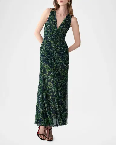 Carolina Herrera Olive-Print Ruched V-Neck Maxi Dress | Thumbnail 4 Carolina Herrera Olive-Print Ruched V-Neck Maxi Dress | Thumbnail 4