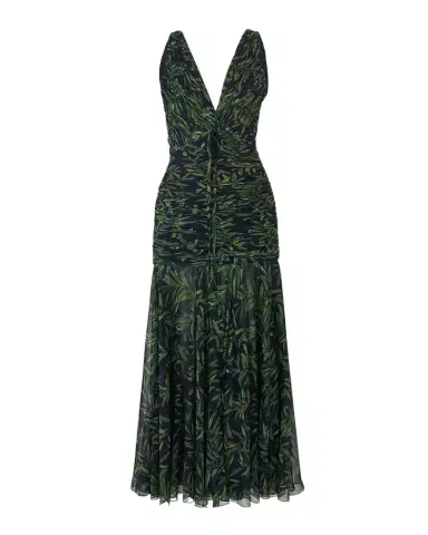 Carolina Herrera Olive-Print Ruched V-Neck Maxi Dress | Thumbnail 1 Carolina Herrera Olive-Print Ruched V-Neck Maxi Dress | Thumbnail 1