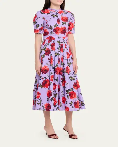 Carolina Herrera Carnation-Print Short-Sleeve Pleated Midi Shirtdress | Thumbnail 8 Carolina Herrera Carnation-Print Short-Sleeve Pleated Midi Shirtdress | Thumbnail 8
