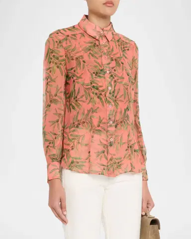 Carolina Herrera Olive Branch Silk Chiffon Button-Down Shirt | Thumbnail 3 Carolina Herrera Olive Branch Silk Chiffon Button-Down Shirt | Thumbnail 3