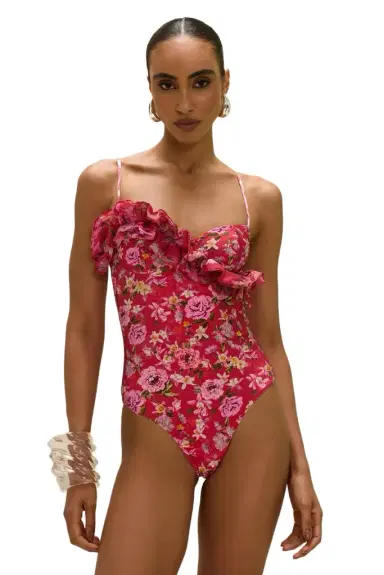 PatBo PEONY PRINT LYCRA RUFFLE BODYSUIT | Thumbnail 1 PatBo PEONY PRINT LYCRA RUFFLE BODYSUIT | Thumbnail 1