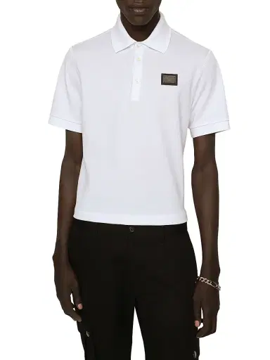 Dolce & Gabbana Men's Logo Plaque Cotton Polo Shirt - White | Thumbnail 1 Dolce & Gabbana Men's Logo Plaque Cotton Polo Shirt - White | Thumbnail 1