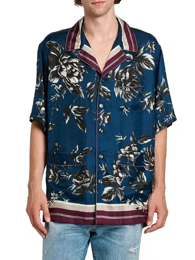 Dolce & Gabbana Men's Floral Silk Camp Shirt - Peonies Blue | Thumbnail 3 Dolce & Gabbana Men's Floral Silk Camp Shirt - Peonies Blue | Thumbnail 3
