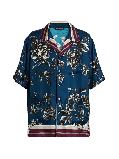 Dolce & Gabbana Men's Floral Silk Camp Shirt - Peonies Blue | Thumbnail 1 Dolce & Gabbana Men's Floral Silk Camp Shirt - Peonies Blue | Thumbnail 1
