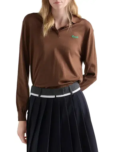 Prada Women's Silk Polo Shirt - Brown - Size 10 | Thumbnail 2 Prada Women's Silk Polo Shirt - Brown - Size 10 | Thumbnail 2