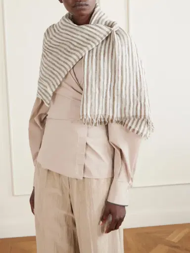 Brunello Cucinelli Fringed Striped Linen-blend Scarf | Thumbnail 2 Brunello Cucinelli Fringed Striped Linen-blend Scarf | Thumbnail 2
