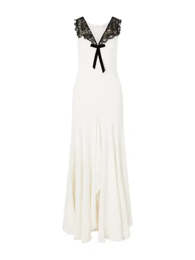 Bow-embellished Lace-trimmed Silk-crepe Midi Dress Bow-embellished Lace-trimmed Silk-crepe Midi Dress