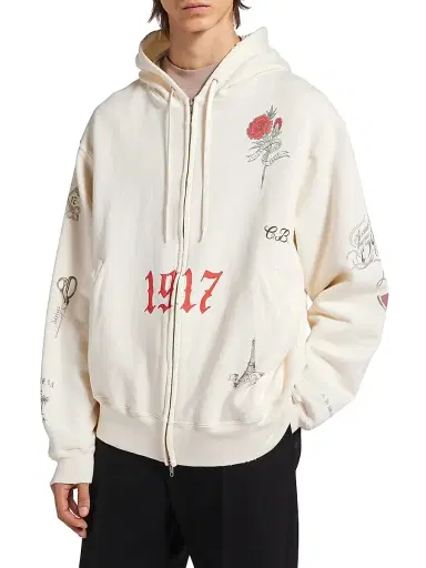 Balenciaga Men's Tattoo Oversized Zip-Up Hoodie - Cream | Thumbnail 2 Balenciaga Men's Tattoo Oversized Zip-Up Hoodie - Cream | Thumbnail 2