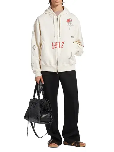 Balenciaga Men's Tattoo Oversized Zip-Up Hoodie - Cream | Thumbnail 6 Balenciaga Men's Tattoo Oversized Zip-Up Hoodie - Cream | Thumbnail 6