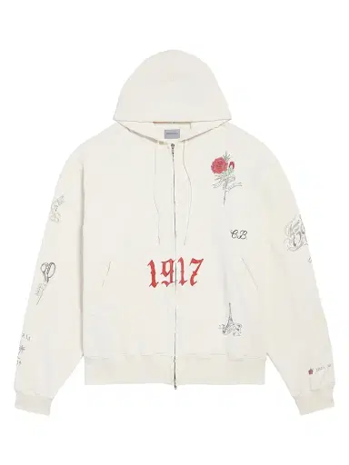 Balenciaga Men's Tattoo Oversized Zip-Up Hoodie - Cream | Thumbnail 1 Balenciaga Men's Tattoo Oversized Zip-Up Hoodie - Cream | Thumbnail 1