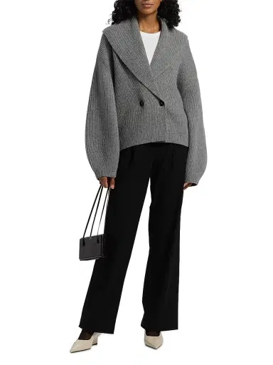 Toteme Women's Shawl Collar Wool Double-Breasted Cardigan - Mid Grey Melange | Thumbnail 2 Toteme Women's Shawl Collar Wool Double-Breasted Cardigan - Mid Grey Melange | Thumbnail 2