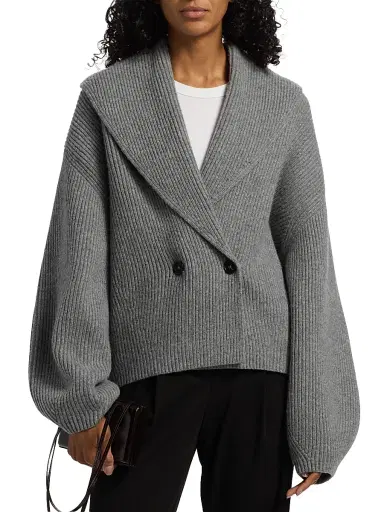 Toteme Women's Shawl Collar Wool Double-Breasted Cardigan - Mid Grey Melange | Thumbnail 3 Toteme Women's Shawl Collar Wool Double-Breasted Cardigan - Mid Grey Melange | Thumbnail 3