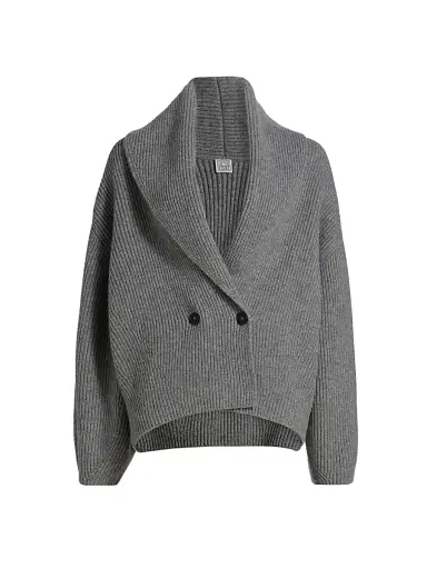 Toteme Women's Shawl Collar Wool Double-Breasted Cardigan - Mid Grey Melange | Thumbnail 1 Toteme Women's Shawl Collar Wool Double-Breasted Cardigan - Mid Grey Melange | Thumbnail 1