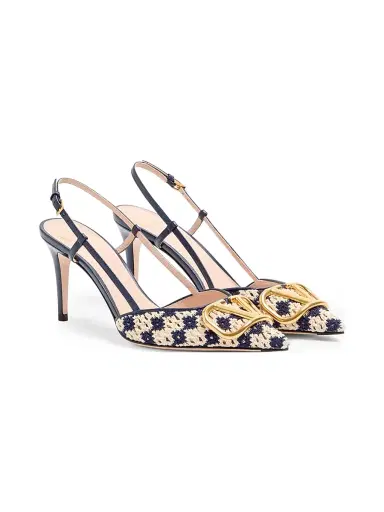 Valentino Garavani Women's VLogo Signature Slingback Pumps in 80MM Crochet Fabric - Blue Beige - Size 12 | Thumbnail 2 Valentino Garavani Women's VLogo Signature Slingback Pumps in 80MM Crochet Fabric - Blue Beige - Size 12 | Thumbnail 2