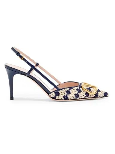 Valentino Garavani Women's VLogo Signature Slingback Pumps in 80MM Crochet Fabric - Blue Beige - Size 12 | Thumbnail 1 Valentino Garavani Women's VLogo Signature Slingback Pumps in 80MM Crochet Fabric - Blue Beige - Size 12 | Thumbnail 1