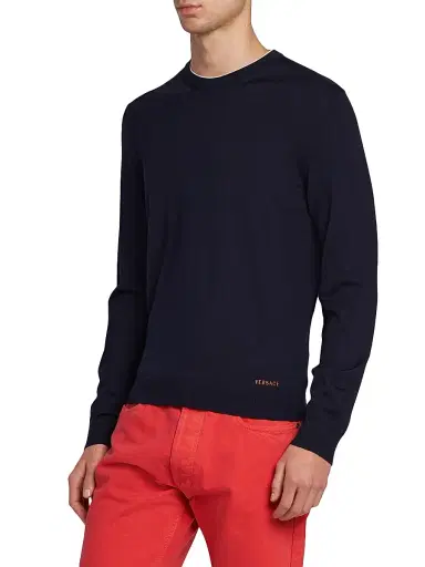 Versace Men's Wool Crewneck Sweater - Navy | Thumbnail 4 Versace Men's Wool Crewneck Sweater - Navy | Thumbnail 4