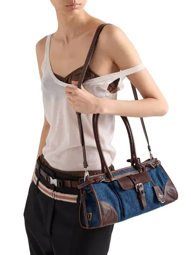 Prada Women's Bonnie Medium Denim and Leather Top Handle Bag - Blue | Thumbnail 3 Prada Women's Bonnie Medium Denim and Leather Top Handle Bag - Blue | Thumbnail 3