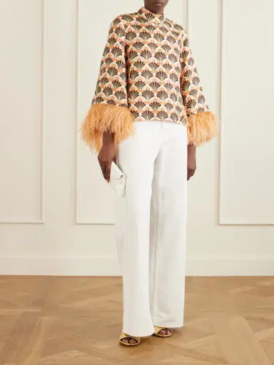 La DoubleJ Make An Exit Feather-trimmed Printed Silk-twill Top | Thumbnail 2 La DoubleJ Make An Exit Feather-trimmed Printed Silk-twill Top | Thumbnail 2