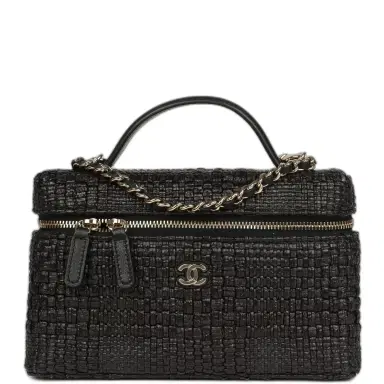 Chanel Chanel Top Handle Long Vanity Case with Chain Black Braided Raffia Light Gold Hardware | Thumbnail 1 Chanel Chanel Top Handle Long Vanity Case with Chain Black Braided Raffia Light Gold Hardware | Thumbnail 1