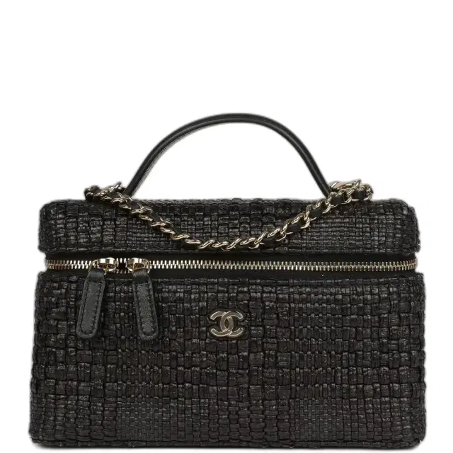 Chanel Top Handle Long Vanity Case with Chain Black Braided Raffia Light Gold Hardware Chanel Top Handle Long Vanity Case with Chain Black Braided Raffia Light Gold Hardware