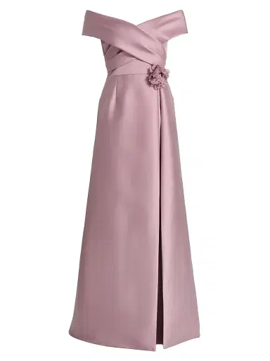 Teri Jon by Rickie Freeman Women's Mikado Lace Off-the-Shoulder Overlay Gown - Mauve | Thumbnail 1 Teri Jon by Rickie Freeman Women's Mikado Lace Off-the-Shoulder Overlay Gown - Mauve | Thumbnail 1
