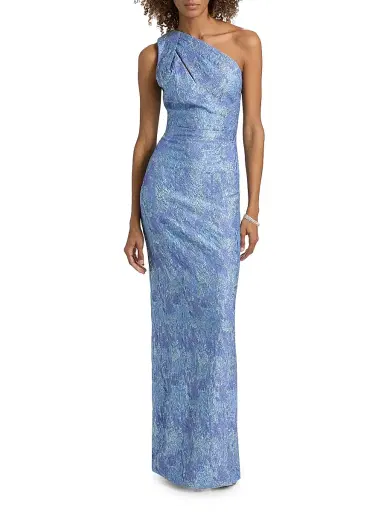 Teri Jon by Rickie Freeman Women's Stretch Jacquard One-Shoulder Gown - Light Blue Multi | Thumbnail 3 Teri Jon by Rickie Freeman Women's Stretch Jacquard One-Shoulder Gown - Light Blue Multi | Thumbnail 3