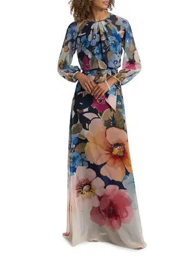 Teri Jon by Rickie Freeman Women's Floral Chiffon Maxi Gown - Blue Multi - Size 4 | Thumbnail 2 Teri Jon by Rickie Freeman Women's Floral Chiffon Maxi Gown - Blue Multi - Size 4 | Thumbnail 2