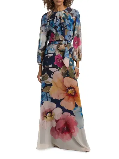 Teri Jon by Rickie Freeman Women's Floral Chiffon Maxi Gown - Blue Multi - Size 4 | Thumbnail 3 Teri Jon by Rickie Freeman Women's Floral Chiffon Maxi Gown - Blue Multi - Size 4 | Thumbnail 3