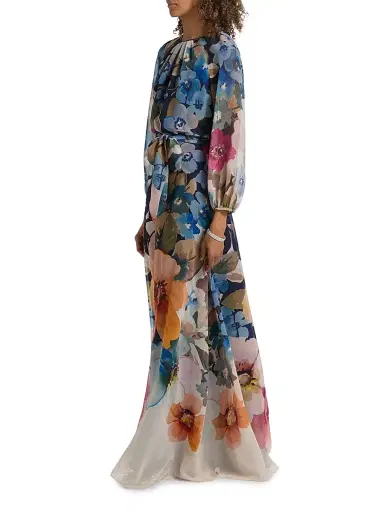 Teri Jon by Rickie Freeman Women's Floral Chiffon Maxi Gown - Blue Multi - Size 4 | Thumbnail 4 Teri Jon by Rickie Freeman Women's Floral Chiffon Maxi Gown - Blue Multi - Size 4 | Thumbnail 4