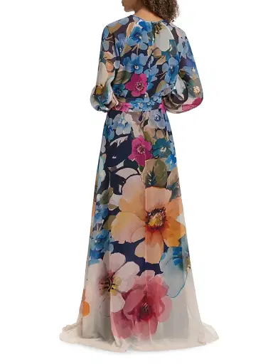 Teri Jon by Rickie Freeman Women's Floral Chiffon Maxi Gown - Blue Multi - Size 4 | Thumbnail 5 Teri Jon by Rickie Freeman Women's Floral Chiffon Maxi Gown - Blue Multi - Size 4 | Thumbnail 5