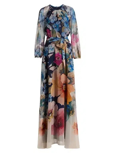 Teri Jon by Rickie Freeman Women's Floral Chiffon Maxi Gown - Blue Multi - Size 4 | Thumbnail 1 Teri Jon by Rickie Freeman Women's Floral Chiffon Maxi Gown - Blue Multi - Size 4 | Thumbnail 1