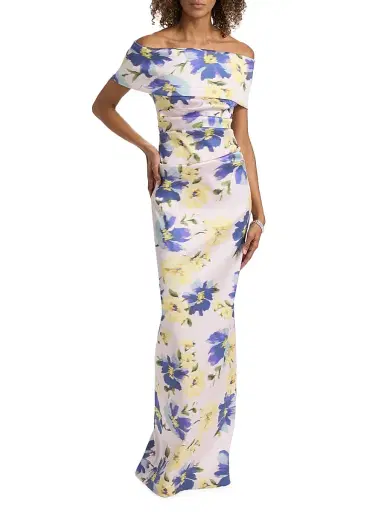 Teri Jon by Rickie Freeman Women's Mikado Floral Cuff Bodice Ruched Gown - Blush Multi - Size 16 | Thumbnail 2 Teri Jon by Rickie Freeman Women's Mikado Floral Cuff Bodice Ruched Gown - Blush Multi - Size 16 | Thumbnail 2