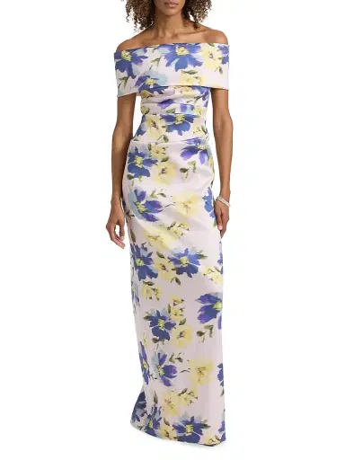Teri Jon by Rickie Freeman Women's Mikado Floral Cuff Bodice Ruched Gown - Blush Multi - Size 16 | Thumbnail 3 Teri Jon by Rickie Freeman Women's Mikado Floral Cuff Bodice Ruched Gown - Blush Multi - Size 16 | Thumbnail 3