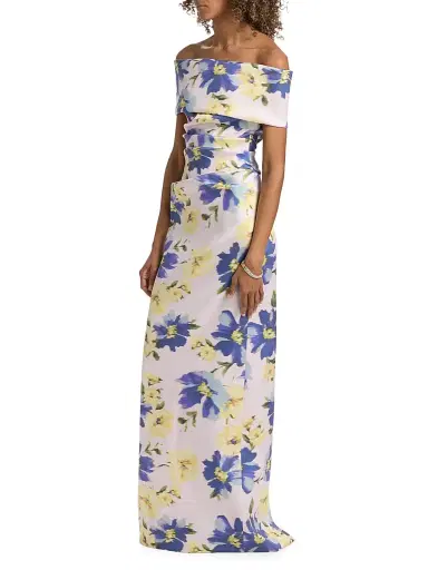 Teri Jon by Rickie Freeman Women's Mikado Floral Cuff Bodice Ruched Gown - Blush Multi - Size 16 | Thumbnail 4 Teri Jon by Rickie Freeman Women's Mikado Floral Cuff Bodice Ruched Gown - Blush Multi - Size 16 | Thumbnail 4