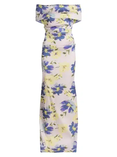 Teri Jon by Rickie Freeman Women's Mikado Floral Cuff Bodice Ruched Gown - Blush Multi - Size 16 | Thumbnail 1 Teri Jon by Rickie Freeman Women's Mikado Floral Cuff Bodice Ruched Gown - Blush Multi - Size 16 | Thumbnail 1