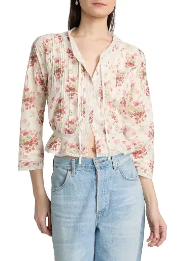 DÔEN Women's Hillock Floral Lace-Trim Cotton Top - Ivory Lantana Floral - Size XXS | Thumbnail 3 DÔEN Women's Hillock Floral Lace-Trim Cotton Top - Ivory Lantana Floral - Size XXS | Thumbnail 3