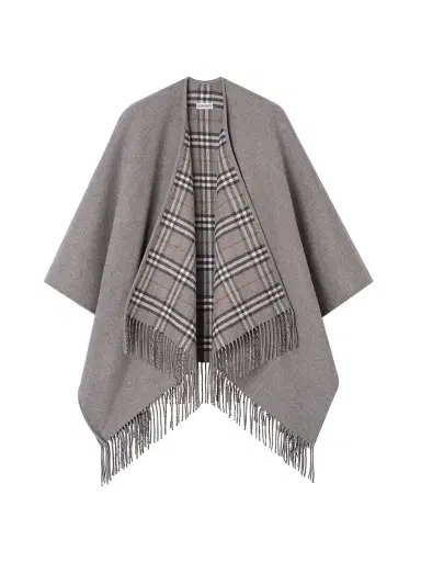 Burberry Women's Check Wool Fringe Cape - Grey | Thumbnail 1 Burberry Women's Check Wool Fringe Cape - Grey | Thumbnail 1
